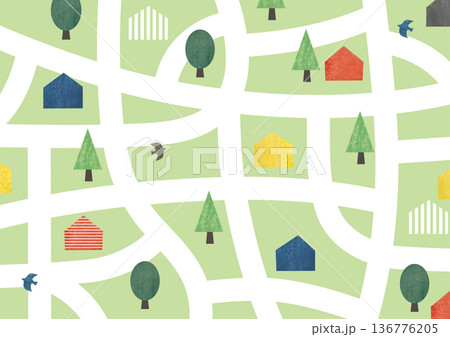 道と切り絵風の水彩の家の模様 136776205