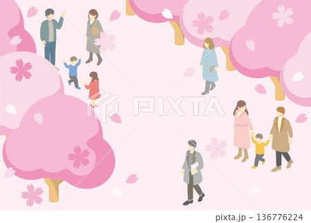 お花見を楽しむ人々のアイソメトリックイラスト。満開の桜、家族、カップル、子供たちの春の風景 お花見を楽しむ人々のアイソメトリックイラスト。満開の桜、家族、カップル、子供たちの春の風景 136776224
