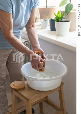 An elderly woman's hands holding bamboo cloth and natural soap for washing windows near houseplants, an authentic moment. An eco-friendly lifestyle, using natural, biodegradable cleaning products 136776233