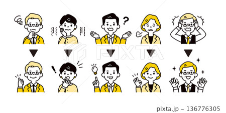 解決・解消・改善する50代・60代のビジネスパーソンの表情 ・ポーズのアイコンイラストセット 136776305