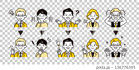 解決・解消・改善する50代・60代のビジネスパーソンの表情 ・ポーズのアイコンイラストセット 136776305