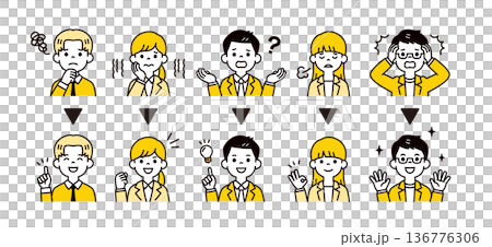 Icon illustration material set of facial expressions and poses of business people in their 20s and 30s who resolve problems Icon illustration material set of facial expressions and poses of business people in their 20s and 30s who resolve problems 136776306
