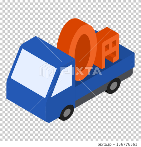 円ロゴを運ぶトラックのアイソメトリックイラスト 円ロゴを運ぶトラックのアイソメトリックイラスト 136776363