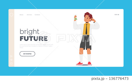 Bright Future Landing Page Template. Schoolboy Character Hold Chemical Flask Exploring Wonders Of Science And Discovery 136776473