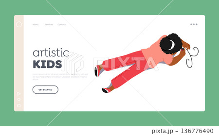 Artistic Kids Landing Page Template. Girl Drawing Lying On Floor Top View. Kids Painting Holding Pencil Create Pictures 136776490