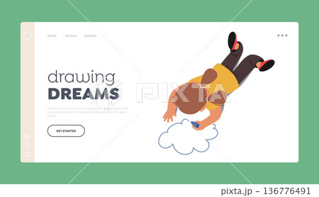 Drawing Dreams Landing Page Template. Kids Painting Lying On Floor Top View, Little Girl Character With Colored Pencil 136776491