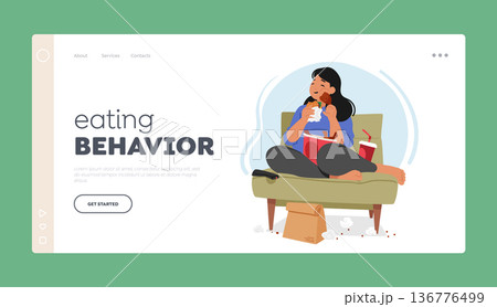 Eating Behavior Landing Page Template. Overweight Woman Is Consumed By Her Obsession With Eating, Vector Illustration 136776499