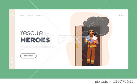 Rescue Heroes Landing Page Template. Rescuer Male Character Heroically Saves Kids From Burning Building Rescue Heroes Landing Page Template. Rescuer Male Character Heroically Saves Kids From Burning Building 136776513