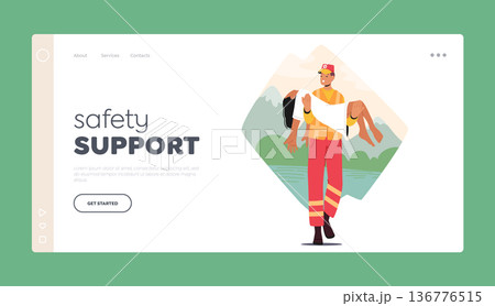 Safety Support Landing Page Template. Rescuer Male Character Heroically Carries Girl To Safety from Water Safety Support Landing Page Template. Rescuer Male Character Heroically Carries Girl To Safety from Water 136776515
