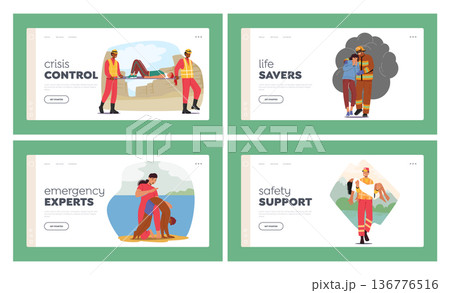 Rescue Service Landing Page Template Set. Emergency Response That Provides Aid And Assistance, Vector Illustration Rescue Service Landing Page Template Set. Emergency Response That Provides Aid And Assistance, Vector Illustration 136776516