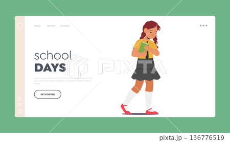 School Days Landing Page Template. Unhappy School Girl Character Walks With A Heavy Heart, Her Shoulders Slouched School Days Landing Page Template. Unhappy School Girl Character Walks With A Heavy Heart, Her Shoulders Slouched 136776519