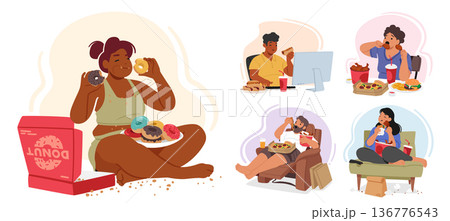 Group Of Overweight Characters With Obsessive Eating Habits Can Not Struggle To Control Their Impulses. People Overeat Group Of Overweight Characters With Obsessive Eating Habits Can Not Struggle To Control Their Impulses. People Overeat 136776543