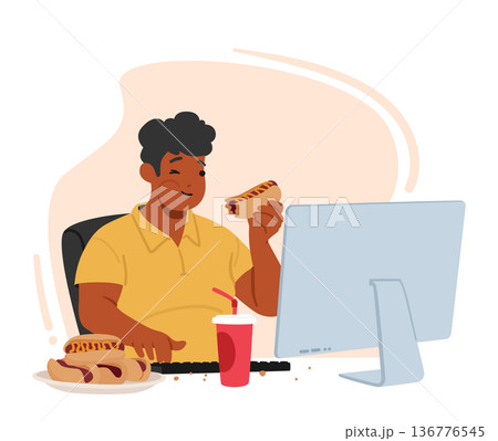 Man Character With An Obsessive Eating Disorder Sit at Desk Struggle With His Weight, Overindulging In Unhealthy Foods Man Character With An Obsessive Eating Disorder Sit at Desk Struggle With His Weight, Overindulging In Unhealthy Foods 136776545