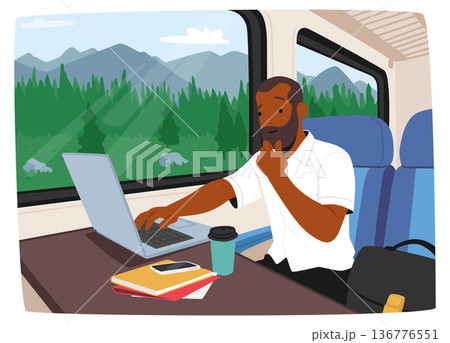 Man Using A Laptop While On A Train Commute. He Appears Focused And Productive Despite The Moving Vehicle 136776551