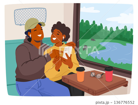 Young Man And Woman Couple Sitting In Train Carriage Chatting Looking in Smartphone Screen Cartoon Vector Illustration 136776552