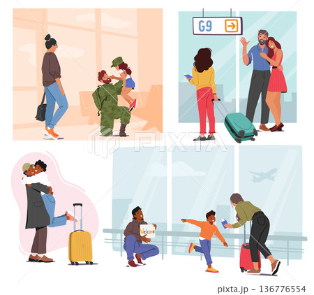 Set of People With Luggage Meeting Someone At The Airport. Excitement And Anticipation Of Reuniting With Loved Ones 136776554