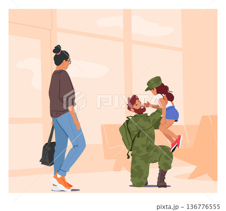 Mother And Daughter Reunite With Their Soldier Dad Who Is In Uniform. Joy Of Homecoming, Military Families Life Mother And Daughter Reunite With Their Soldier Dad Who Is In Uniform. Joy Of Homecoming, Military Families Life 136776555