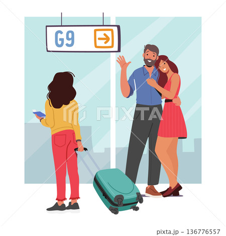 Parents And Daughter Meet in Airport. Concept of Joy Of Being Reunited With Loved Ones, Family Relation, Travel, Tourism 136776557