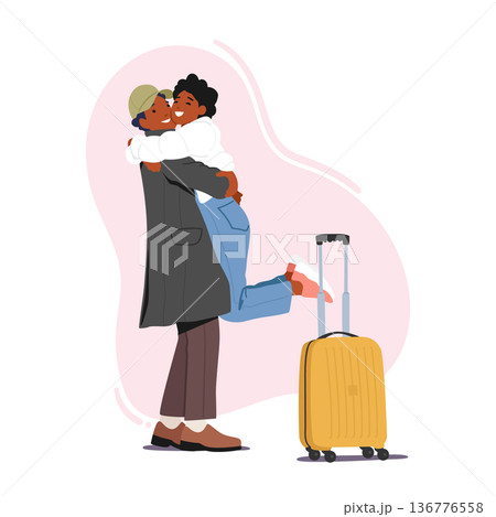 Woman Hugging Man With Suitcase Meet Lover In Airport. Happy Couple Embrace Reunite After Separation 136776558