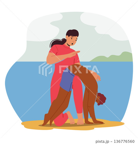 Rescuer Female Character Provides Service For Drowning Man that Involves Skilled Personnel Trained In Water Safety 136776560