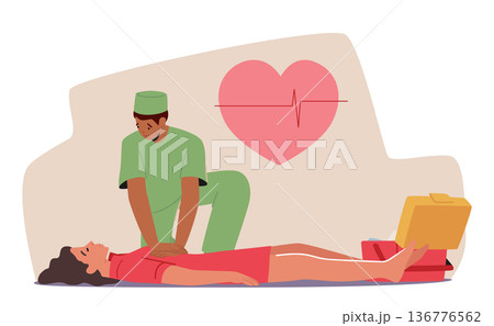 Rescuer Character Doing Resuscitation, Chest Compressions To Restore Blood Flow And Oxygen To Body Rescuer Character Doing Resuscitation, Chest Compressions To Restore Blood Flow And Oxygen To Body 136776562