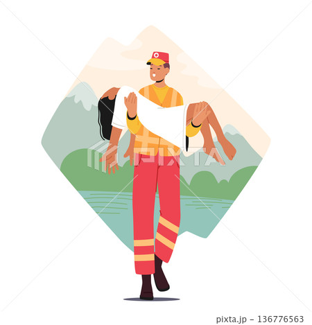 Rescuer Male Character Heroically Carries Girl To Safety from Water. Girl Safe, Thanks To Rescuer's Bravery And Strength 136776563