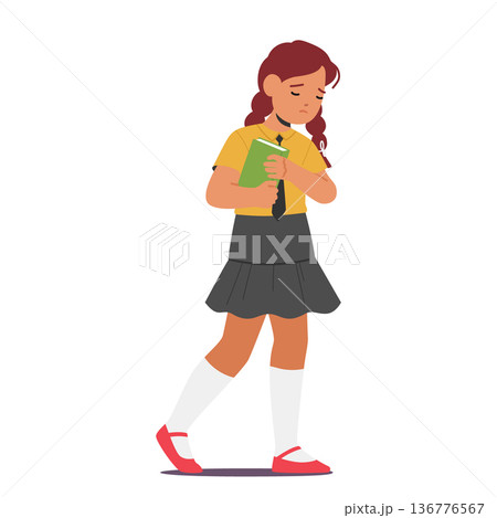Unhappy School Girl Character Walks With A Heavy Heart, Her Shoulders Slouched, And A Somber Expression On Her Face 136776567