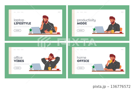 Man with Laptop Landing Page Template Set. Male Character Works On Notebook Displaying Focus, Frustration 136776572