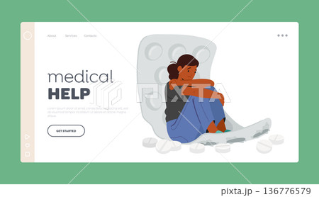 Medical Help Landing Page Template. Female Character Sit On Blister with Scatter Tablets. Medication, Illness, Disorder 136776579