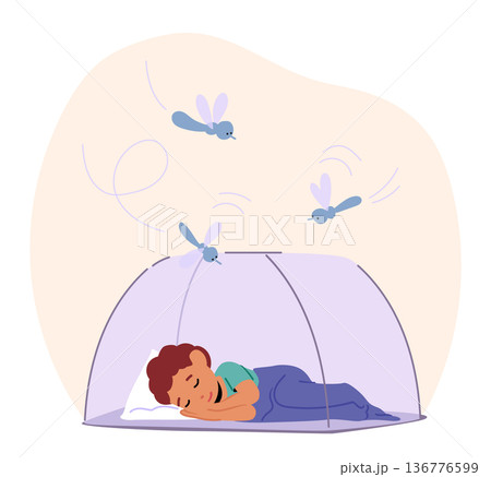 Little Boy Character Sleeps Under Net, Shielded From Mosquitoes. Comforted By Safety, Drifting To Dreamland In Slumber 136776599
