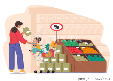 Mother Character And Her Daughter Seated In A Shopping Cart As They Navigate The Aisles Of A Bustling Supermarket 136776603