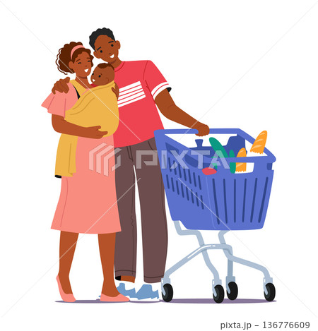 Young Couple Characters, Cradling Their Baby, Navigates The Bustling Aisles Of A Supermarket With A Loaded Shopping Cart 136776609