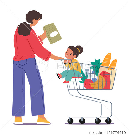 Mother Character And Her Young Daughter Comfortably Seated In A Shopping Cart, Sharing Smiles, Vector Illustration 136776610