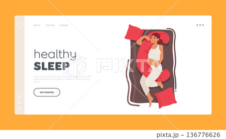 Healthy Sleep Landing Page Template. Pregnant Woman Sleeping With Maternity Pillow Support For Optimal Sleep Top View 136776626