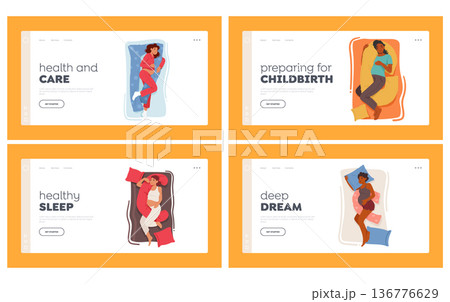 Pregnant Girls With Sleep Pillows Landing Page Template Set. Expectant Mother Characters Sleeping With Pregnancy Cushion 136776629