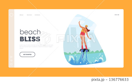 Beach Bliss Landing Page Template. Female Character Flying On Flyboard, Hovering Over The Water's Surface 136776633
