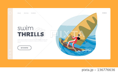 Swim Thrill Landing Page Template. Female Character Enjoying Wind Surfing, Maneuver On A Board With A Sail 136776636