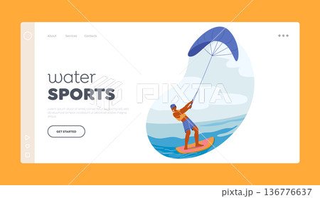 Water Sports Landing Page Template. Kite Surfer Male Character Riding The Waves, Skillfully Maneuvering On Water 136776637