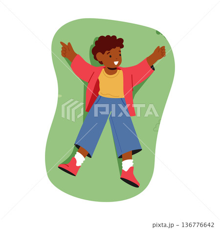 Black Boy Character Resting On Lush Green Meadow, Viewed From Above. Serene And Peaceful Scene, Vector Illustration 136776642