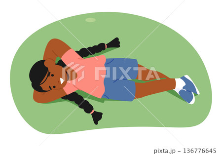 Little African American Girl with Pigtails, Peacefully Lying On A Green Meadow View From Above, Vector Illustration 136776645