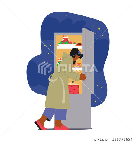 Late-night Fridge Raiding. Female Character Opens The Fridge In Search Of A Midnight Snack, Seeking Comfort 136776654