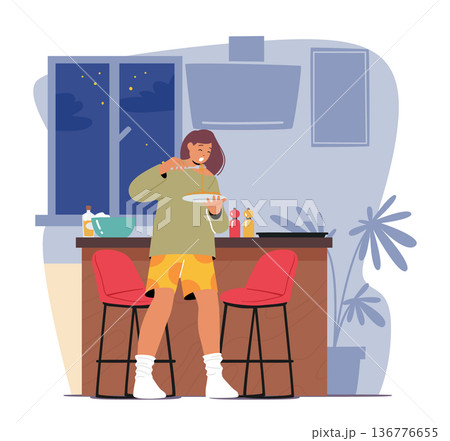 Nighttime Binge Eating. Detrimental Habit Where A Person Consumes Excessive Amounts Of Food During The Night Nighttime Binge Eating. Detrimental Habit Where A Person Consumes Excessive Amounts Of Food During The Night 136776655