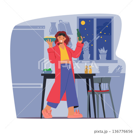 Nighttime Eating, Detrimental Habit Where Person Consumes Food During The Evening Or Late At Night, Vector Illustration Nighttime Eating, Detrimental Habit Where Person Consumes Food During The Evening Or Late At Night, Vector Illustration 136776656