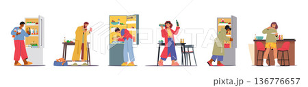 Indulging In Late-night Snacking, Characters Satisfy Their Cravings In The Late Hours, Seeking Food in Open Fridge Indulging In Late-night Snacking, Characters Satisfy Their Cravings In The Late Hours, Seeking Food in Open Fridge 136776657