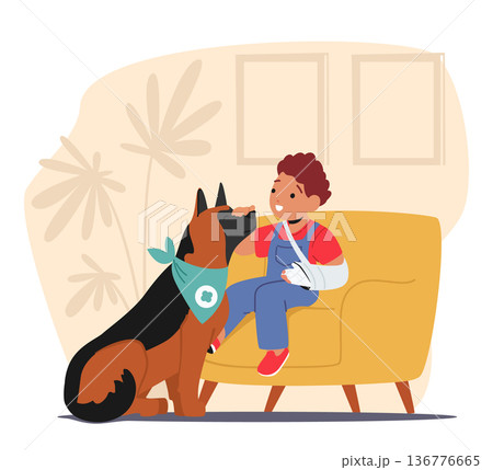 Little Boy Character With A Hand Fracture Is Accompanied By His Guide Dog, Who Providing Him With The Support 136776665
