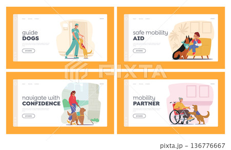 Guide Dogs Landing Page Template Set. Animals Offer Support And Independence To Characters With Visual Impairments Guide Dogs Landing Page Template Set. Animals Offer Support And Independence To Characters With Visual Impairments 136776667