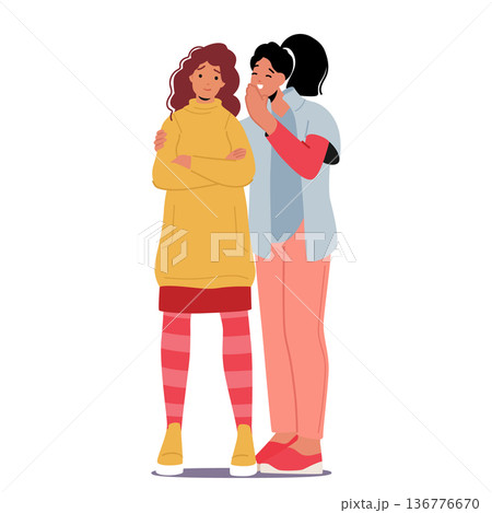 Two Women Characters Huddled Close, Whispering Secrets To Each Other, Share Gossip Or Confidential Conversation Two Women Characters Huddled Close, Whispering Secrets To Each Other, Share Gossip Or Confidential Conversation 136776670