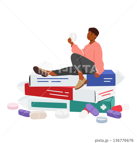 Female Character Sitting On Huge Pile Of Medication Packages. Health Care Concept, Illness Or Disorder Cure Female Character Sitting On Huge Pile Of Medication Packages. Health Care Concept, Illness Or Disorder Cure 136776676