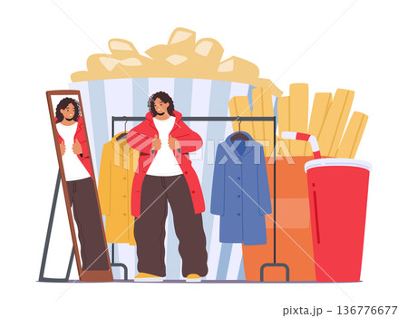 Fat Woman Trying Tight Clothes, Struggling To Fit, Frustrated, And Sweating, Struggling To See Herself In The Mirror 136776677