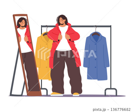 Fat Woman Struggle To Zip Small Clothes In Front Of Mirror, Feeling Uncomfortable And Self-conscious About Her Body Size 136776682